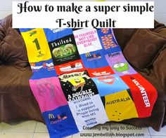 a couch covered in t - shirts with the words how to make a super simple t - shirt quilt