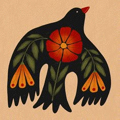 a black bird with orange flowers on it's wings