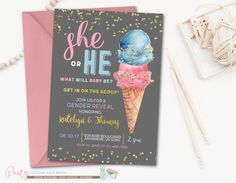 an ice cream cone baby shower is shown with the words she or he on it