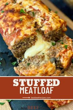 stuffed meatloaf on a cutting board with text overlay