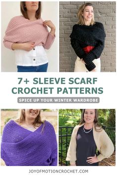 the 7 free crochet patterns for sweaters and shawls are shown here