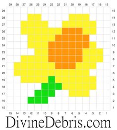 a cross stitch chart with the numbers in yellow, green and orange squares on it