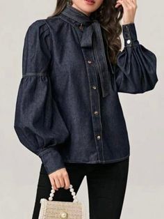 Casual style. Unique print fabric design. Cotton and polyester blend fabric. European design. Buttons down front close. Long lantern sleeves. Color may be lighter or darker depending the device it is displayed. Denim Shirt Outfit, Romper And Jacket, Denim Blouse, Dark Blue Denim, Wide Pants, Lantern Sleeve, Inspiration Mode, Tie Neck, Lantern Sleeves