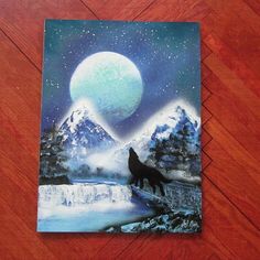 a painting of a wolf standing on a snowy mountain with the moon in the background