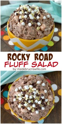 rocky road fluff salad in a yellow bowl