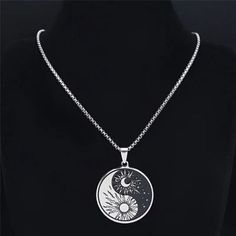 Trendy Yin Yang Chi Sun Moon Stainless Steel Unisex Pendant Necklace - Length: See Photo Moon Yin Yang, Yin Yang Necklace, Sun And Moon Necklace, Statement Bib Necklace, Pewter Pendant, Yin And Yang, Beaded Statement Necklace, Moon Jewelry, Silver 925 Necklace