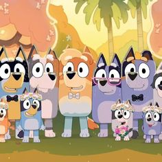 a group of cartoon characters standing next to each other