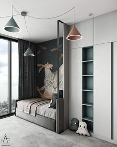 a cat is sitting on the bed in this modern bedroom with grey walls and flooring