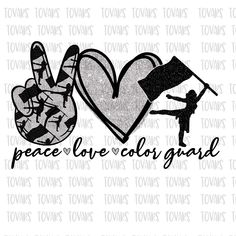 the peace love color guard svg file is shown with an image of a hand holding a