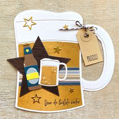 a card with a beer mug and star on the side that says, product under it's light inside