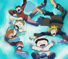 three anime characters floating in the water with their arms out and feet spread wide open