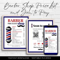 the barber shop price list is displayed next to an iphone and tablet screen with text on it