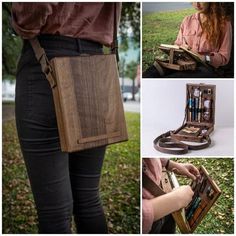 a collage of photos showing different types of items in an open case, including a woman's handbag and the contents of her purse