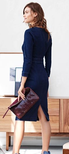 We've upgrade everyone's favorite sheath dress silhouette in classic dark denim fabrication. Our banded waist long sleeve dress proves that denim is for more than just jeans | Banana Republic Sleeve For Women, Fun Outfits, Sheath Dresses, Autumn Clothing, Womens Denim Shirt, Business Chic, Fall Outfits For Work, Work Style, Dress Silhouette