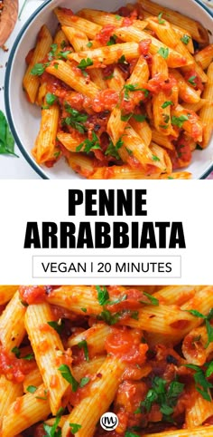 penne arrabbata in a bowl with sauce and parsley on the side