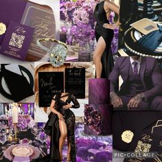 a collage of purple, black and gold wedding colors with the bride's name on it