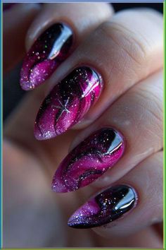 Take some time for self-care and indulge in a relaxing nail painting session. Experiment with different designs and techniques Pink Black Glitter Nails, Cosmic Nail Designs, Intergalactic Nails, Nail Designs Hot Pink, Cherry Blossom Nails Art, Pink Tips, Nails Heart