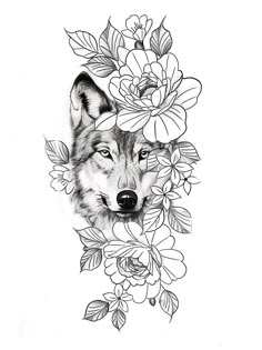 a drawing of a wolf surrounded by flowers