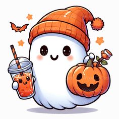 a cartoon ghost holding a drink and wearing a knitted hat with pumpkins around it