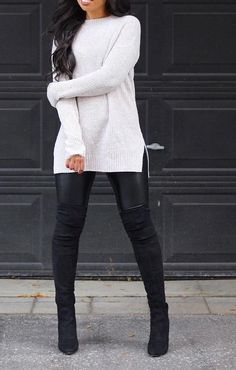 Overtheknee Boots Outfits, Overtheknee Boots, Boots Outfits, Black Leather Leggings, Fall Fashions, Classy Casual Outfits, Autumn Outfit, Casual Fall Outfits