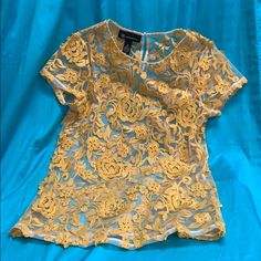 I.N.C. International Concepts Sheer Tee With Yellow/Gold Eyelash Embroidery, Never Worn , Top To Bottom 25”, Bust 32”, Not A Lot Of Stretch Yellow Crew Neck Top With Floral Embroidery, Yellow Embroidered Short Sleeve T-shirt, Summer Yellow Embroidered Shirt, Yellow Embroidered Short Sleeve Blouse, Casual Yellow Top With Floral Embroidery, Spring Mustard Crew Neck Top, Mustard Crew Neck Top For Spring, Spring Yellow Blouse With Floral Embroidery, Yellow Blouse With Floral Embroidery For Spring