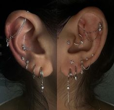 two pictures of the same person with ear piercings on their left and right sides