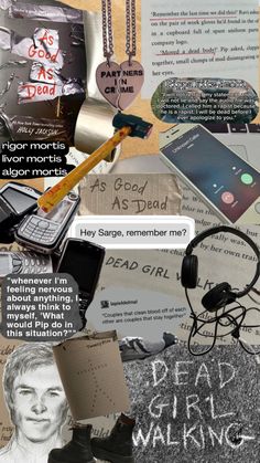 the collage has many different things on it including books, headphones and cell phones