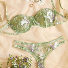 Green Floral Lingerie Set - Self Care Shop Girly Lingerie Sets, Adore Me Lingerie, Green Lingerie Aesthetic, Cute Bra And Under Set, Cute Bras Aesthetic, Matching Lingerie Sets, Boho Lingerie, Mint Green Outfits, Cute Lingerie Sets