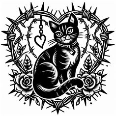 a black and white cat sitting in the middle of a heart surrounded by barbed wire