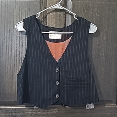 Nwot We The Free Black Striped Vest, With Extra Button, Size M Black Vest With Button Closure For Spring, Black Workwear Vest With Button Closure, Casual Tailored Black Vest, Black Cotton Vest With Buttons, Tailored Black Vest With Button Closure, Tailored Black Tops With Buttons, Vintage Black Vest With Button Closure, Striped Vest, Black Leather Vest