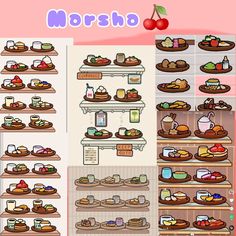 the shelves are filled with many different types of cakes and pastries on display in this game