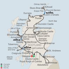 a map showing the route for scotland and other places to go on this road trip