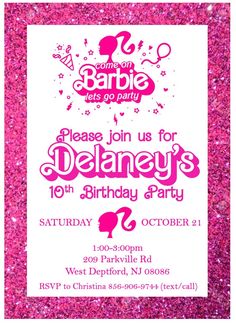 a pink and white birthday party with sparkles on the background, including an image of a