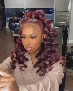 Half Up Half Down Hair Black Women Burgundy, Burgundy Up Down Hairstyle, Half Up Half Down Burgundy Wig, Burgundy Wand Curls Weave, Burgundy Lace Front Wig Side Part, High Ponytail Hairstyles, Weave Ponytail Hairstyles, Sleek Ponytail Hairstyles, High Ponytail