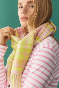 Surprise! It's a little present for your closet. Woven from 100% wool with a plaid pattern, this lightweight scarf is complete with fringed edges. | Lightweight Plaid Wool Scarf by Maeve in Pink, Women's at Anthropologie Lightweight Scarf, Wool Plaid, Wool Scarf, Plaid Pattern, Anthropologie, Plaid, Wool, Pattern, Pink