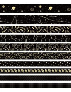 a set of black and gold borders with stars, planets, and leaves on them