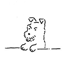 a black and white drawing of a dog sitting on the ground with its head down