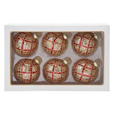 four red and gold ornaments in a white box