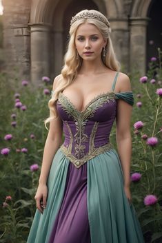 a beautiful blonde woman in a purple and green dress posing for the camera with flowers behind her