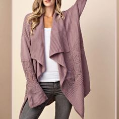 We Are Loving The Knit Details On This Draped Long Sleeve Cardigan With Loose Fit And Bell Sleeves. Pair This With Your Favorite Tank And Boots And You're Ready To Go! 100% Acrylic. Purple Waterfall, Asymmetrical Cardigan, Black Knit Cardigan, Waterfall Cardigan, Cocoon Cardigan, Purple Cardigan, Chunky Cardigan, Long Sweaters Cardigan, Long Style