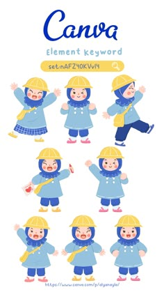 an image of a cartoon character with many different poses and expressions, including the words canva