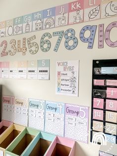 the wall is filled with lots of different numbers and numbers on it's sides