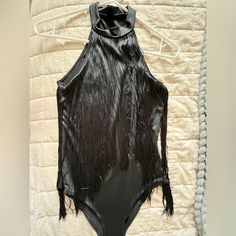 Black Bodysuit With Fringe On The Front. Size S Never Worn Black Sleeveless Swimwear For Party, Black Sleeveless Swimwear For Evening, Black Sleeveless Bodysuit For Evening, Fitted Black Swimwear For Party, Black Halter Neck Bodysuit For Club, Black Halter Neck Swimwear For Party, Black Summer Party Bodysuit, Black Swimwear For Summer Costume Party, Black Halter Neck Bodysuit For Party