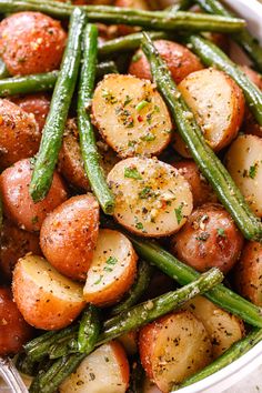 potatoes and green beans in a white bowl