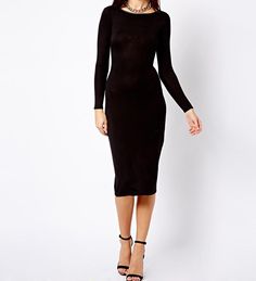 Simply Me Long Sleeve Extended Midi Dress - Solo Stylez Fall Stretch Midi Dress Knee-length, Sleek Fitted Midi Dress For Winter, Sleek Fitted Winter Midi Dress, Sleek Bodycon Dress For Winter Night Out, Sleek Winter Bodycon Dress For Night Out, Sleek Winter Party Bodycon Dress, Knee-length Black Midi Dress For Winter, Sleek Midi Dress For Fall, Sleek Solid Dresses For Fall