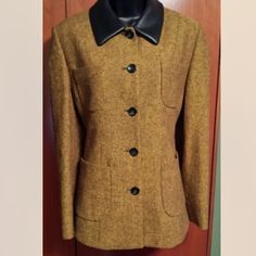 New 100% Wool Tweed Blazer By Apriori. Fully Lined, Button Closure, Four Pockets. Faux Leather Collar Shoulders 16", Bust 36", Length 38". Never Worn Single-breasted Tweed Button-up Outerwear, Winter Button-up Tweed Jacket, Tailored Button-up Tweed Jacket For Fall, Fall Single Breasted Button-up Tweed Jacket, Fall Tweed Button-up Jacket With Button Cuffs, Fall Single Breasted Tweed Jacket, Tweed Button-up Blazer With Button Closure, Fall Tweed Button-up Jacket, Tailored Winter Tweed Button-up Jacket