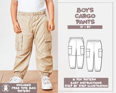 This boys cargo pants sewing pattern is perfect for beginners and all sewing levels. Comfortable elasticized waistband, fun cargo flap pockets on the side with elasticized leg opening, the pants is perfect to pair with classic t-shirt. The downloadable file package includes illustrated step by step sewing instructions, detailed tutorial, and helpful tips for you to easily complete the pants. The pattern includes 5 sizes for you to choose from: 1Y-8Y (90-130) The digital download PDF sewing pattern includes a layer option to only select your size or multiple sizes all at once. Each pattern is created so you can print at home or through a printshop. The purchase comes with 4 PDF files: A4 US Letter A0 Instruction Book includes fabric recommendations, pattern assembling, step by step instruct Cargo Pants Sewing Pattern, Cargo Pants Pattern, Sewing Pattern Pants, Kids Pants Pattern, Kids Sewing Pattern, Boys Sewing Patterns, Boys Cargo Pants, Tote Bag Pattern Free, Cargo Hose