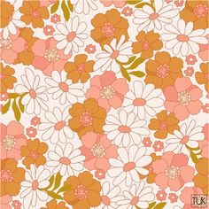 This headscarf design from TUK features a bold and retro-inspired floral pattern. The print showcases a harmonious mix of large daisies and stylized blossoms in shades of peach, soft pink, and burnt orange. The flowers are outlined in fine lines with warm tones, capturing a vintage 1970s vibe. Interspersed green leaves add a touch of contrast, while smaller flower accents complete the design. The repeating pattern has a balanced layout, perfect for a classic yet trendy headscarf. The overall aes Headscarf Pattern, Desktop Collage, Pink And Burnt Orange, Triangle Light, Head Scarf Tying, Scarf Collection, Open Image, Shades Of Peach, Square Scarf