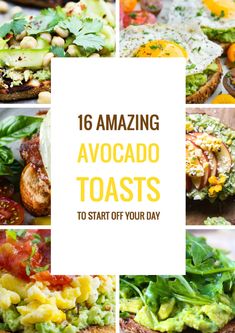 avocado toast with the words 16 amazing avocado toasts to start off your day