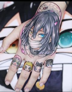 a woman's hand with tattoos on it and an image of the character naruto